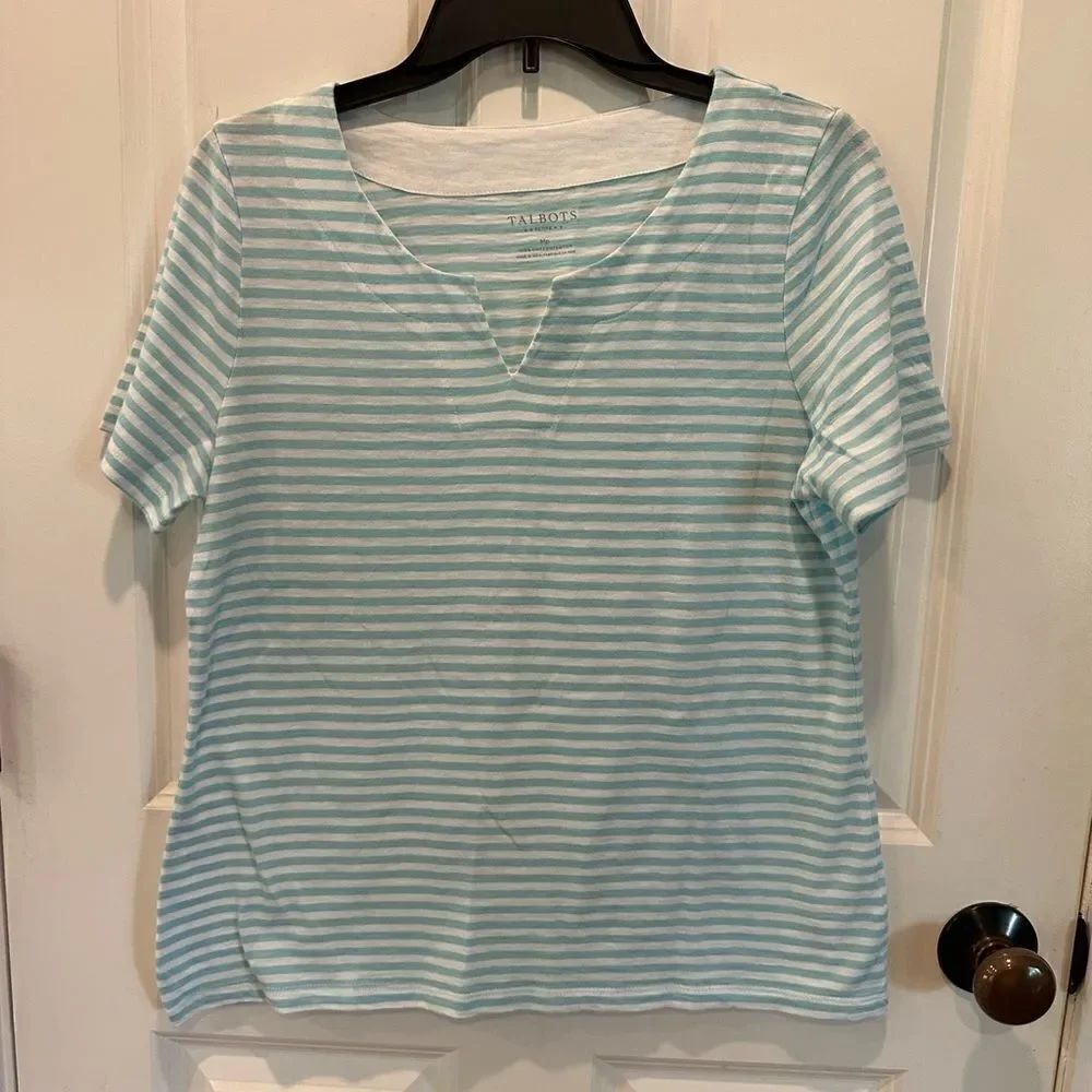 Talbots size medium petite striped blue shirt sleeve shirt